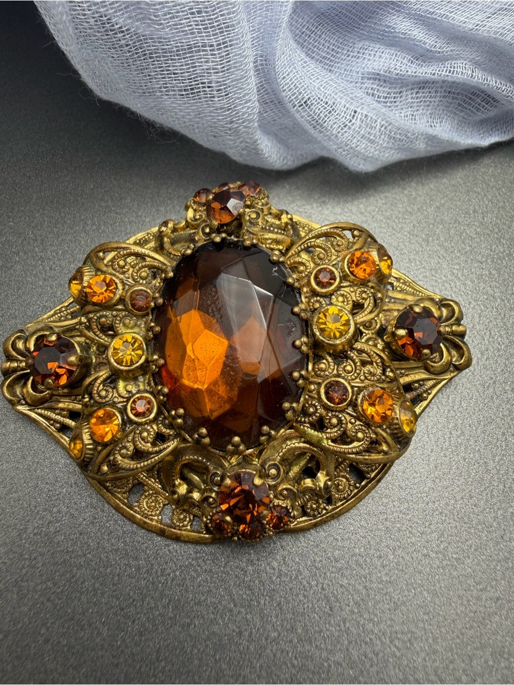 Vintage Czech Filigree Amber Glass Stone Brooch #312ub